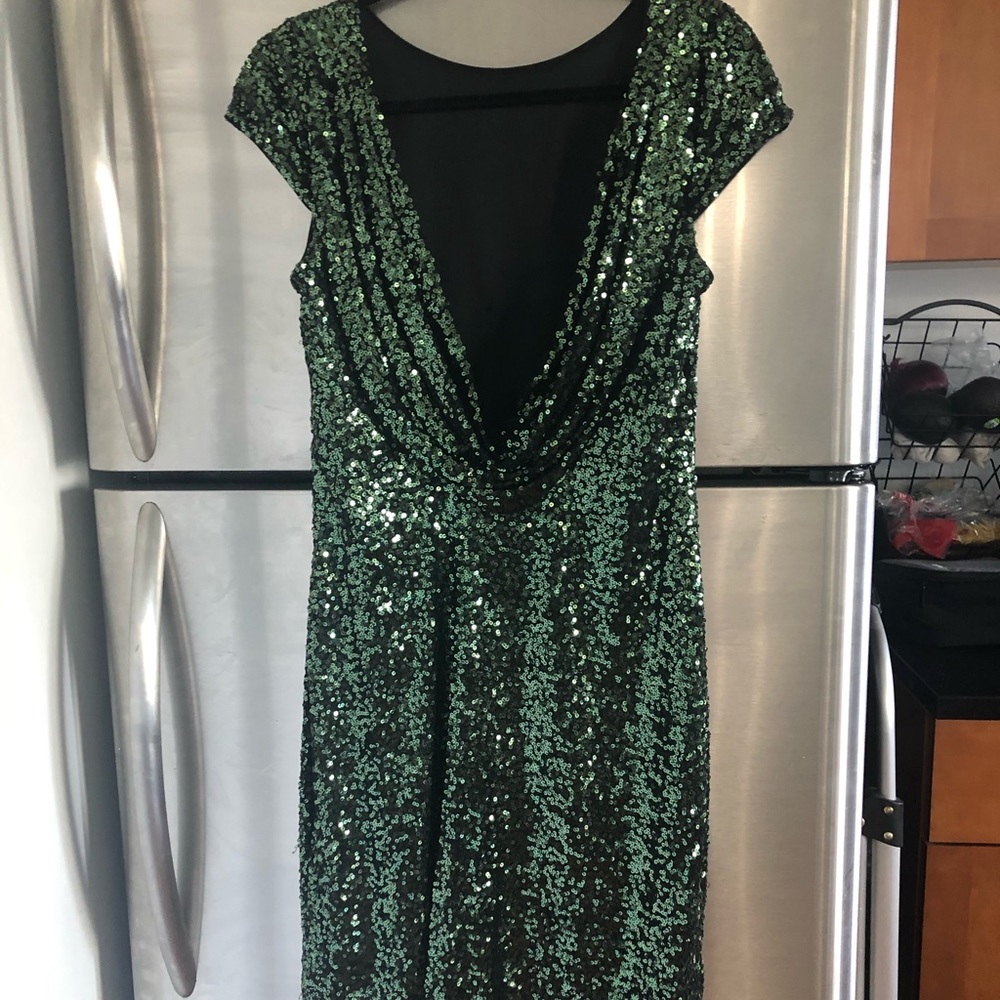 Badgley Mischka Green Sequin Low Back Dress